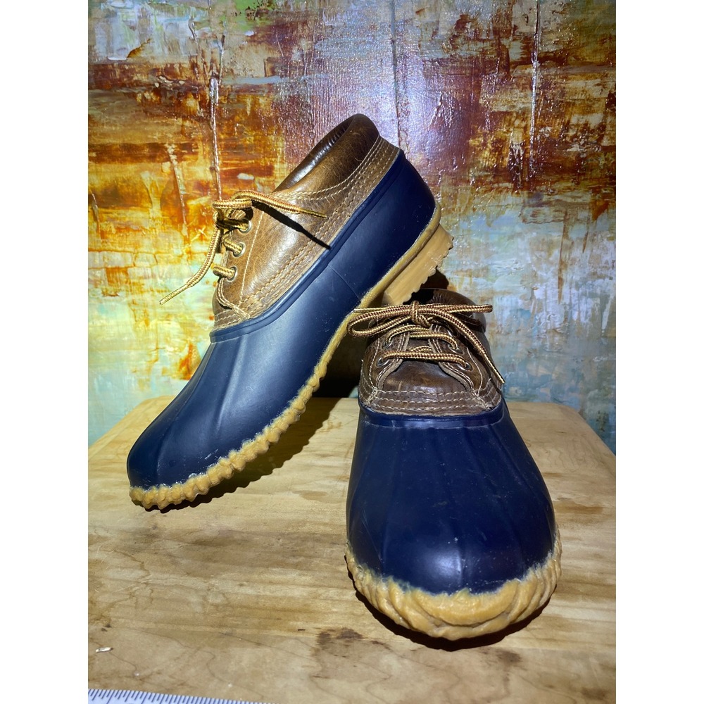 Eddie Bauer Duck Shoes Mens 9 Navy Blue Brown Leather Rubber Rain Mud Boots 4072
